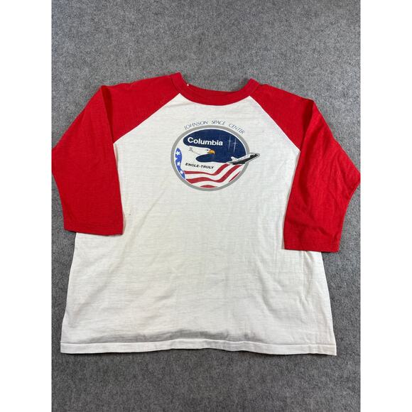 Vtg 80s NASA T Shirt Mens L White Raglan Sleeve Johnson Space Center Columbia - Picture 2 of 6